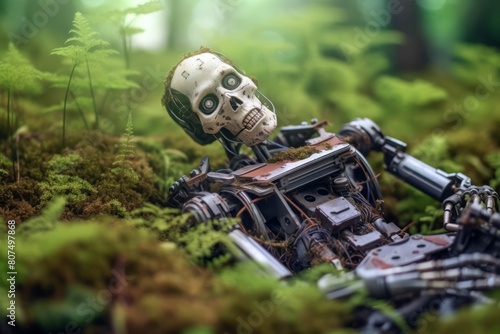 Dead rusty skeleton body of a robot lying in the forest  plants