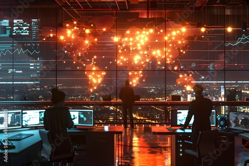 Cybersecurity Team Safeguarding Digital Infrastructure in a 3D Command Center