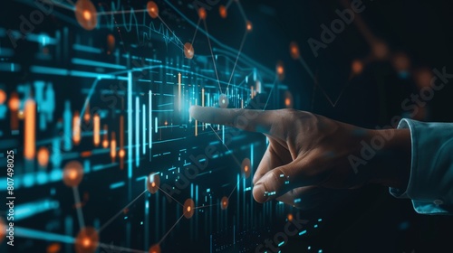 A hand pointing to a financial chart on a dark background, indicating data analysis and financial assessment, Ai Generated photo