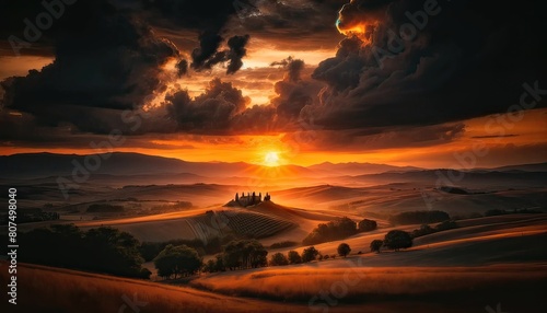 A breathtaking landscape of rolling Tuscan hills under a dramatic sunset, with a stunning interplay of light and clouds.