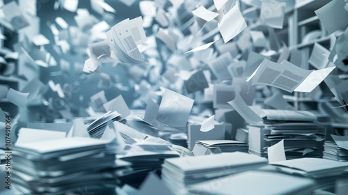 Clutter and chaos in an office  with scattered documents flying over the workplace  Ai Generated