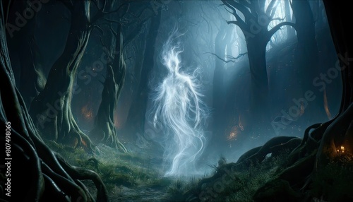 A captivating digital artwork depicting an ethereal glowing spirit floating through a dense, foggy forest, creating a mystical atmosphere.