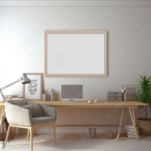 One blank white frame in a home study room with computer laptop 3d mockup