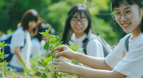A group of young people  wearing white Tshirts and glasses with backpacks on their backs  smile as they plant trees in the park