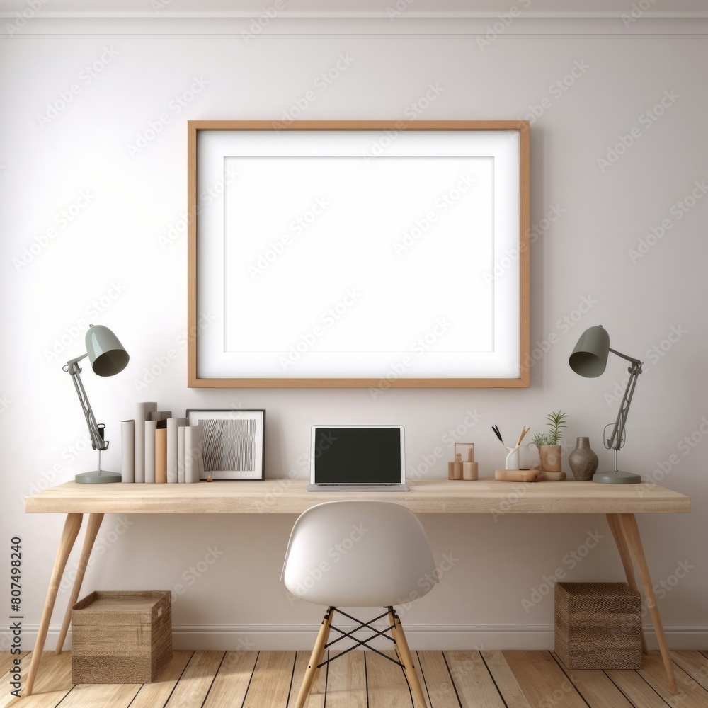 Obraz premium Single blank white frame in a home office with computer laptop 3d mockup