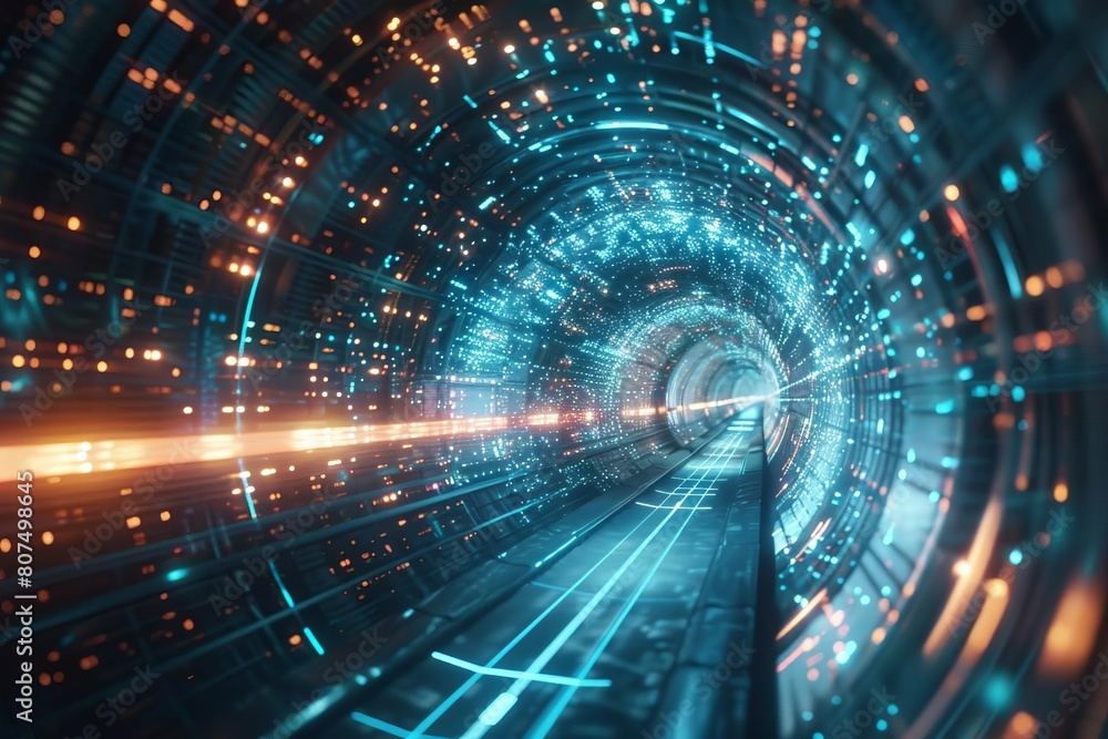Obraz premium Highspeed motion blur through a futuristic digital tunnel, illustrating rapid data transfer