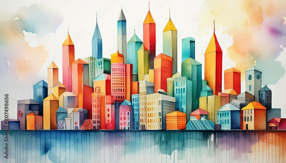 A colorful cityscape made of blocks is painted in watercolor