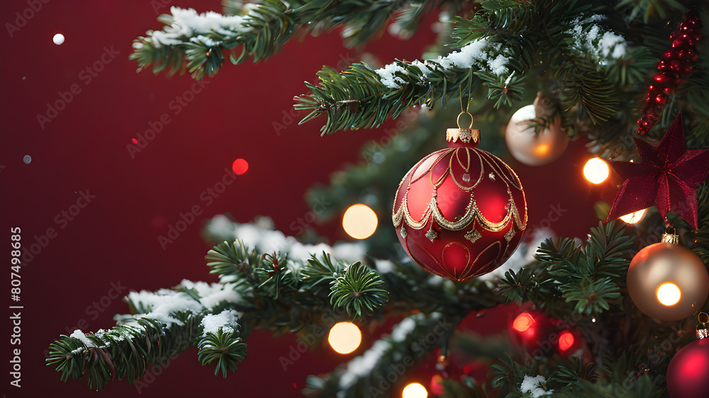 Christmas Tree With Ornament And Bokeh Lights In Red Background Christmas Tree With Ornament And Bokeh Lights In Red Background