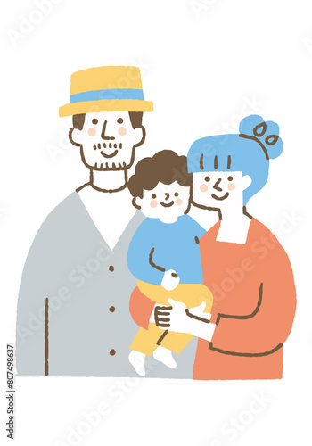 Family of three, mother and father holding son_Color