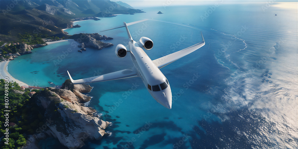Fototapeta premium Luxury private jet flying above the sea. Summer holiday theme background