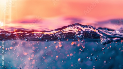 bright side view of a pool water surface with a splash in the water. Beautiful abstract background concept banner.