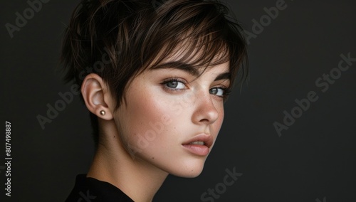 A minimalistic pixie cut with soft edges and precise angles, exuding effortless sophistication. photo