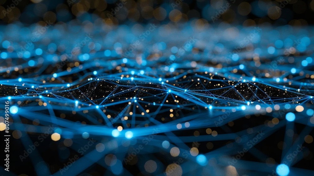 Obraz premium Intricate network mesh with deep blue nodes, illustrating complex data connections and internet infrastructure