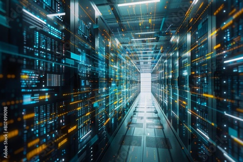 Large scale data center operations shown through an overlay of digital graphics  emphasizing network management and IT infrastructure