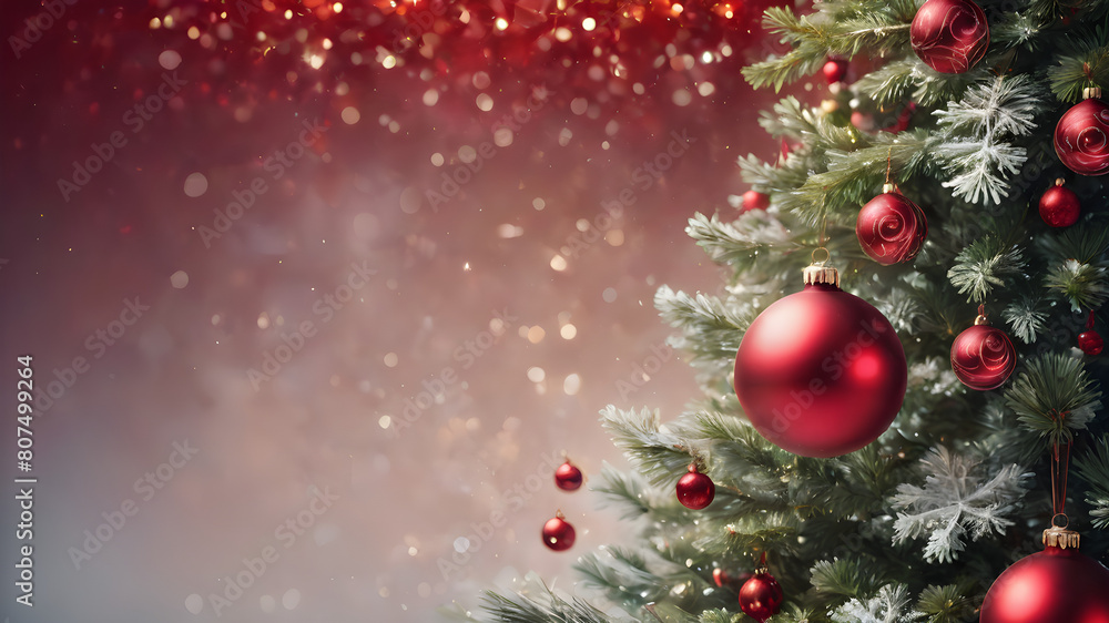 Christmas Tree With Ornament And Bokeh Lights In Red Background Christmas Tree With Ornament And Bokeh Lights In Red Background