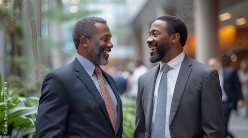 Two African-American business executives greeting eachother in a lobby - natural friendship - peers - leaders  photo