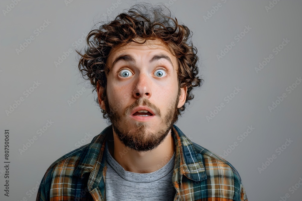 Obraz premium A curly-haired man wearing a checkered blouse is very surprised and his eyes are wide open.
