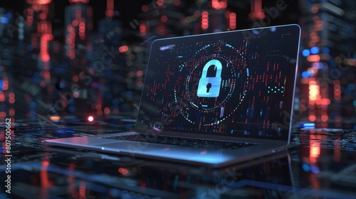 A laptop with a digital padlock displayed on the screen, symbolizing cyber security and data protection, Ai Generated