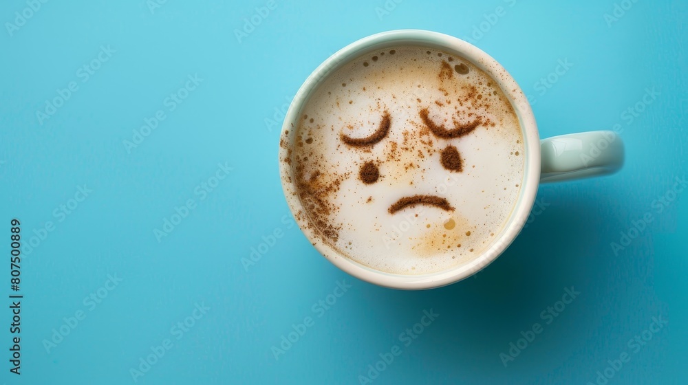 A coffee cup with a sad face drawn on the coffee milk foam, Ai Generated A coffee cup with a sad face drawn on the coffee milk foam, Ai Generated