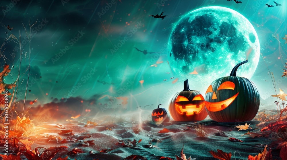 Fototapeta premium Spooky Halloween pumpkins at night, with jack o' lanterns glowing in the moonlight, Ai Generated