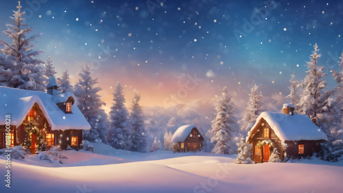 Winter snow background with snowdrifts, with beautiful light and snow flakes on the blue sky, beautiful bokeh circles