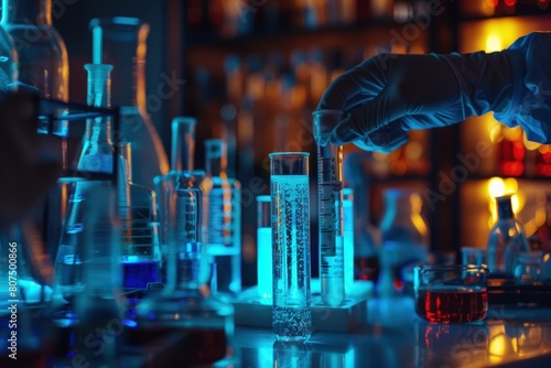 The hand of a scientist holding a glass beaker with blue glowing liquid in a laboratory against a background.