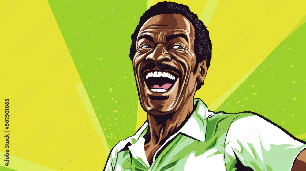 A man with a big smile on his face is shown in a green background