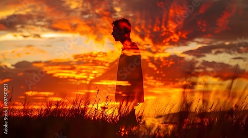 Dramatic Double Exposure of a Silhouette against a Fiery Sunset Sky