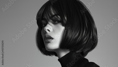 A sleek and shiny lob with a center part, capturing modern sophistication in monochromatic tones. photo
