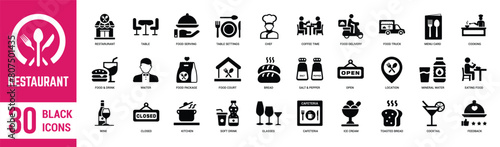 Restaurant solid icons set. Restaurant, menu, cooking, drink, chef, table, cafeteria, wine, dish and eating. Vector illustration