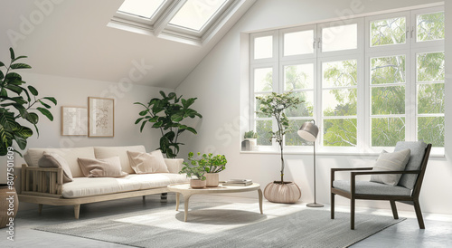 A simple living room with sofa  armchair and coffee table on the right side of the picture. The walls have light gray color and there is an angle roof window above it