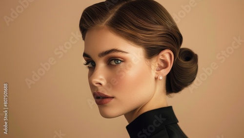 A sleek and straight hairstyle with subtle volume, epitomizing minimalist elegance in blank photography. photo
