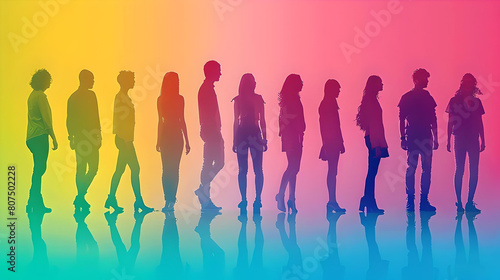 Silhouettes of diverse individuals in a lineup  enhanced with a vibrant gradient color background. 