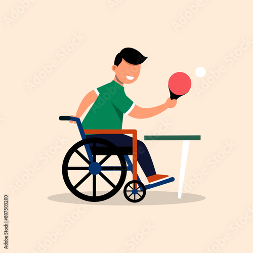 Cartoon illustration of a person using a wheelchair playing table tennis. Para athlete Paralympic table tennis. 