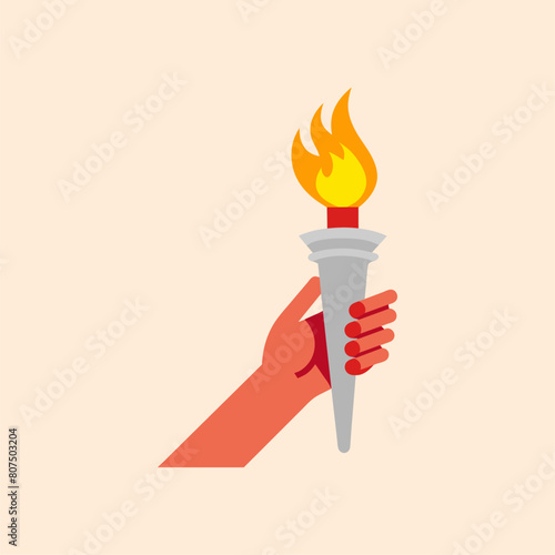 Cartoon illustration of hand holding Olympic torch. Olympic torch illustration.
