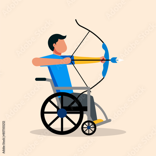 Cartoon illustration of a person using a wheelchair playing archery. Para athlete Paralympic archery. 