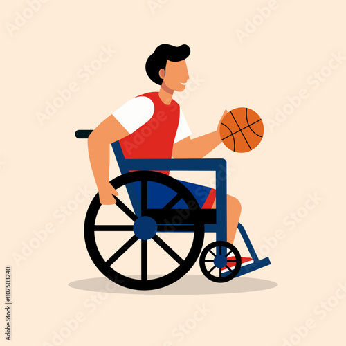 Cartoon illustration of a person using a wheelchair playing basketball. Para athlete Paralympic basket.