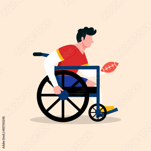 Cartoon illustration of a person using a wheelchair playing baseball, rugby. Para athlete Paralympic baseball, rugby.