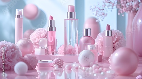 environmentally friendly Blank cosmetic product line with pink and blue and copy space makeup, and skin care items