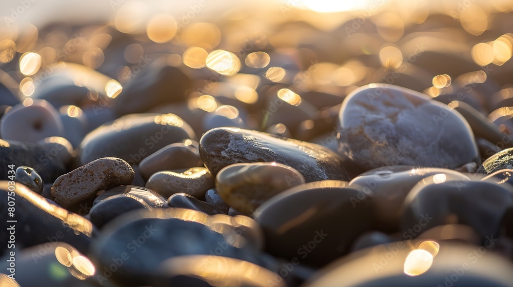 Obraz premium Seaside pebbles, close-up on smooth, colorful stones, soft sunset light, clear detail 