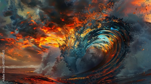 Majestic sunset ocean's fury unleashed in swirling wave. Ai Generated photo