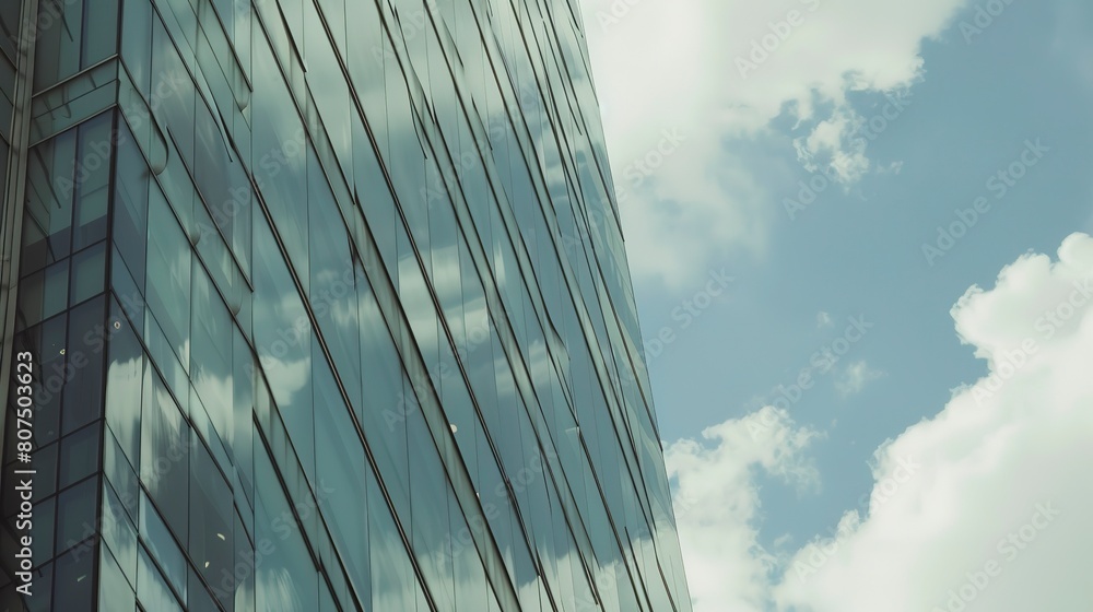 Skyscraper glass facade, close-up on reflection of clouds, midday, sharp focus Skyscraper glass facade, close-up on reflection of clouds, midday, sharp focus