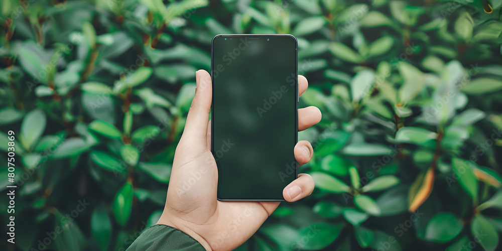 hand holding a modern blank smart phone with a green screen Close up ...