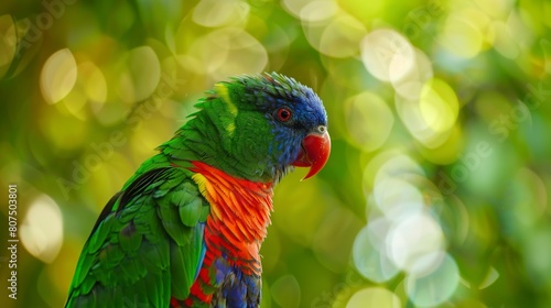 Jungle canopy bird, close-up on vibrant plumage, natural habitat, soft background focus