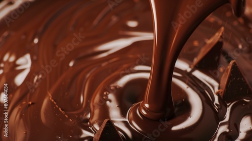 Chocolate making, close-up on pouring molten chocolate, soft-focus background, indulgent texture 