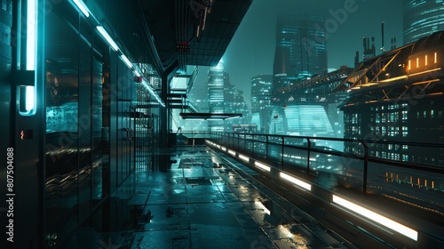 Capture a side view of a dystopian cityscape with martial artists in action