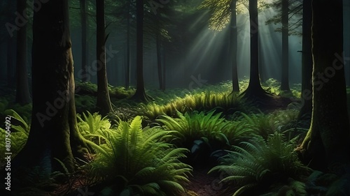 Scenic view of a stunning natural forest bathed in Rembrandt lighting  creating a captivating atmosphere. Perfect for nature lovers  backgrounds  and environmental themes.