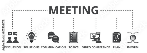 Meeting concept icon illustration contain discussion, solutions, communication, topics, video conference, plan and inform.