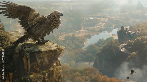Visualize a mystical griffin perched on a cliffs edge
