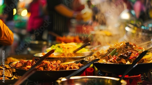Night market food stall, close-up of sizzling dishes and chefâ€™s flair, street eats